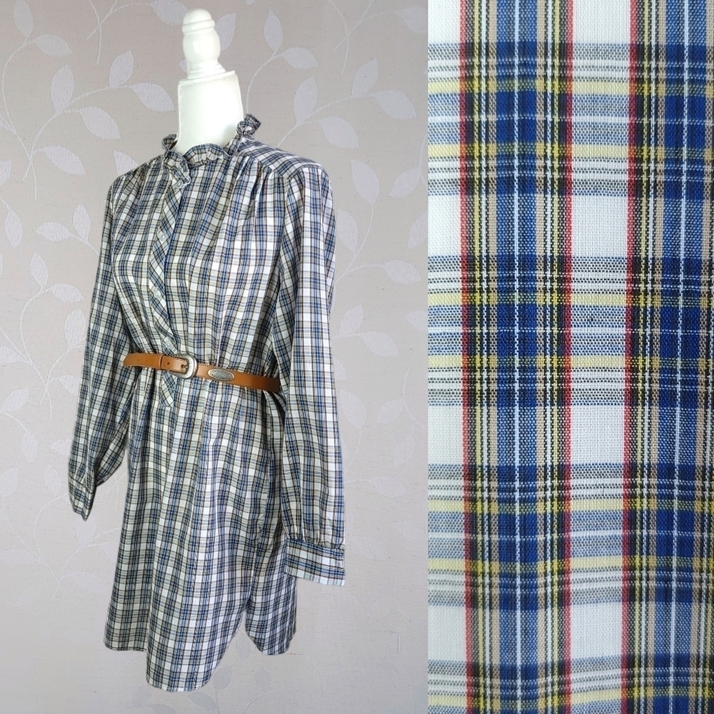New Vintage Lyn Anne Plaid Shirt Dress Prairie Ruffle Collar Cottage Cotton Blue
